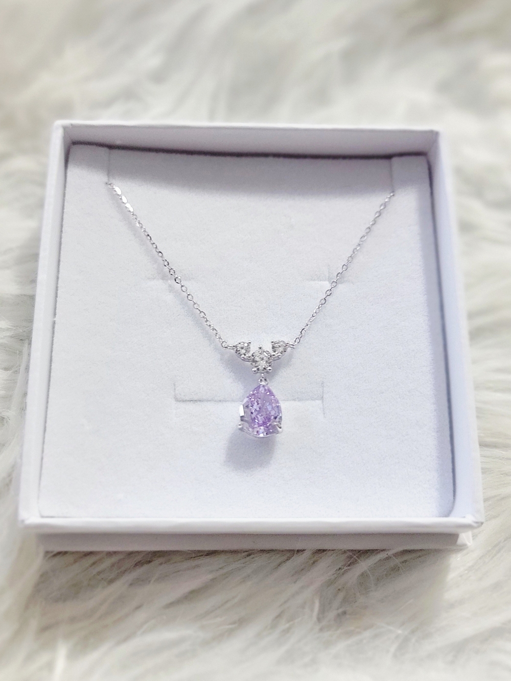 New .925 Sterling Silver Necklace with Purple CZ Teardrop Pendant - Picture 4 of 4